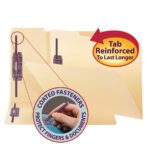 The Smead Fastener File Folder with SafeSHIELD? Fasteners boasts a reinforced 1/3-cut tab and two purple-coated metal fasteners, ensuring finger and document protection. An arrow highlights the Tab Reinforced to Last Longer. This legal size folder comes in a pack of 50 (19555).