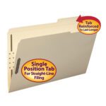 The Smead Fastener File Folder offers a reinforced 2/5-cut tab at guide height for durability, featuring 2 fasteners for efficient organization and straight-line filing. Legal size and manila, these folders come in a box of 50 (19587).