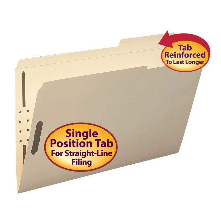 19587_C1.jpg The Smead Fastener File Folder offers a reinforced 2/5-cut tab at guide height for durability, featuring 2 fasteners for efficient organization and straight-line filing. Legal size and manila, these folders come in a box of 50 (19587).