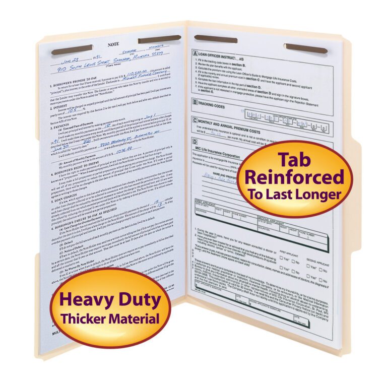 19600_C1.jpg A manila Smead Heavy-Duty Fastener File Folder, 2 fasteners, 1/3-cut tab, is open with printed pages. Labels say Heavy Duty Thicker Material and Tab Reinforced To Last Longer, emphasizing its durability for legal-size documents.