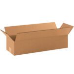 A plain MH-USA 19 x 6 x 4 long corrugated box with extended flaps, placed against a white background. The rectangular shape shows visible creases along the edges and a small patch on one side.