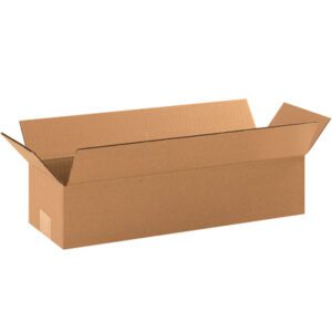 A plain MH-USA 19 x 6 x 4 long corrugated box with extended flaps, placed against a white background. The rectangular shape shows visible creases along the edges and a small patch on one side.