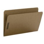 The Smead Fastener File Folder, made of durable Kraft with a reinforced straight-cut tab and two fasteners, is shown slightly open to reveal its empty interior. Its ideal for organizing papers and comes in a package of 50 per Box (19813).