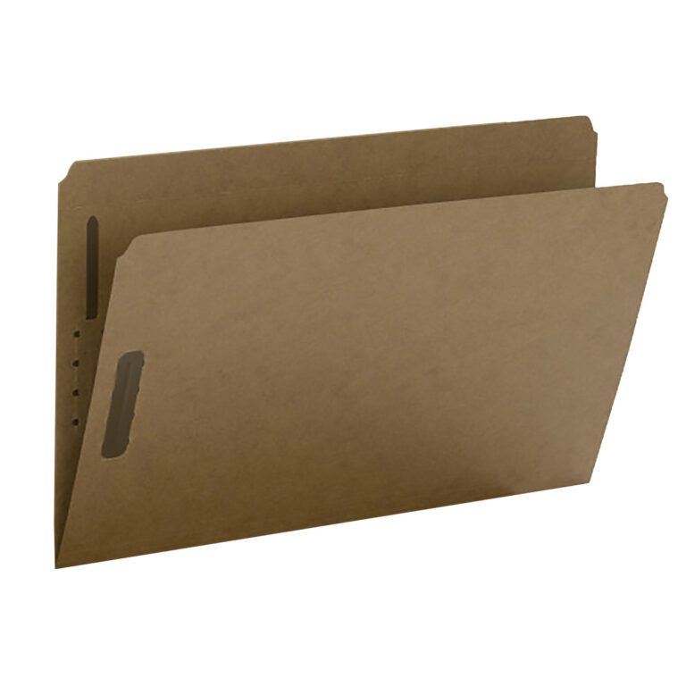 The Smead Fastener File Folder, made of durable Kraft with a reinforced straight-cut tab and two fasteners, is shown slightly open to reveal its empty interior. Its ideal for organizing papers and comes in a package of 50 per Box (19813).