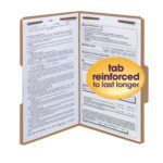 A Smead Fastener File Folder (Legal Size, Kraft), featuring durable material and two fasteners with a reinforced 1/3-cut tab, contains typed and handwritten pages, with a yellow circle sticker on the right page noting its lasting quality.