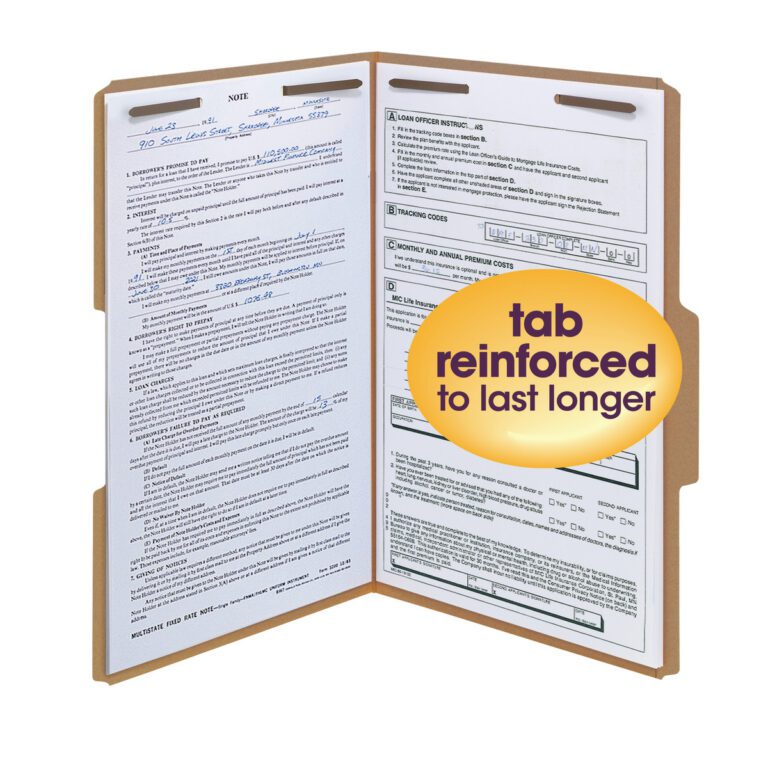 A Smead Fastener File Folder (Legal Size, Kraft), featuring durable material and two fasteners with a reinforced 1/3-cut tab, contains typed and handwritten pages, with a yellow circle sticker on the right page noting its lasting quality.