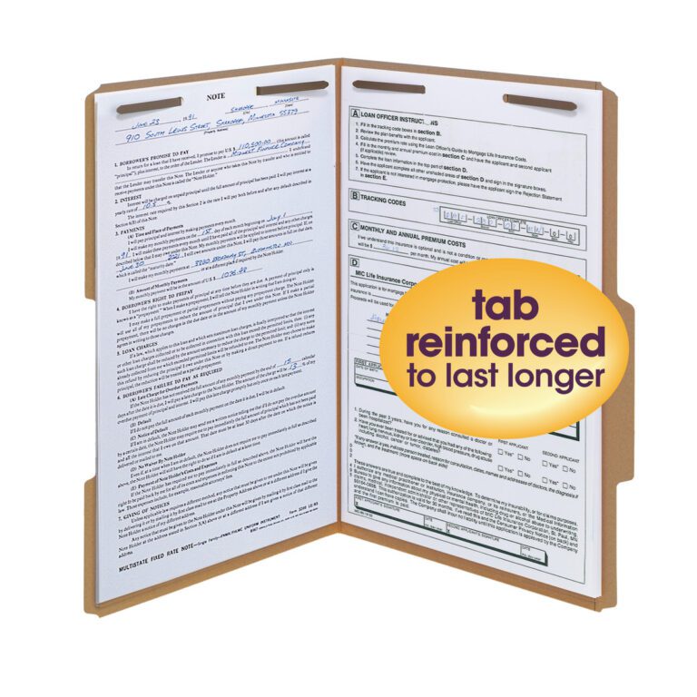 19880_02.jpg A Smead Fastener File Folder is open showing sheets secured by two fasteners. A vibrant yellow and purple circular label on the right states tab reinforced to last longer, complementing its Kraft design.