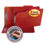 The bright red Smead Pressboard File Folder, legal size with a 2-inch expansion and SafeSHIELD? fasteners, features a 1/3-cut tab. An inset image shows hand use of the fastener, highlighting finger and document protection. Available in boxes of 25 (19936).