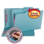 The Smead Pressboard File Folder with SafeSHIELD® Fasteners in legal size, blue color is shown with a hand easily adjusting fasteners. Text highlights 2 Inch Capacity and Coated Fasteners Protect Fingers & Documents. The 1/3-cut tab offers easy labeling.