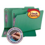 The Smead Pressboard File Folder (19938) is legal size, green with 2-inch expansion, and includes SafeSHIELD? fasteners for protection. It features a 1/3-cut tab for easy organization. The included label highlights the 2-inch capacity, and an image shows a hand touching the fasteners. Box contains 25 folders.
