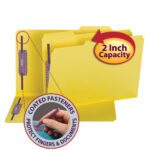 The Smead Pressboard File Folder with SafeSHIELD Fasteners, legal size, features 2 fasteners and a 2 expansion. The yellow folder boasts the SafeSHIELD design that protects fingers and documents, available as 25 per box (19939).