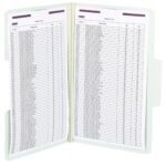 An open Smead SuperTab Pressboard Fastener File Folder with SafeSHIELD Fasteners (Gray/Green, 19981) shows a printed product list with filled columns labeled Item No., Description, UOM, and Base. The light green cover and purple oversized 1/3-cut tabs complete its look.