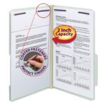 Open the Smead Pressboard File Folder, featuring a 2-inch capacity and SafeSHIELD? coated fasteners that protect fingers. It has a gray/green color with purple fasteners and includes documents, graphs, and charts. A close-up shows a hand using the fasteners.