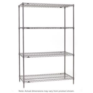 The Metro SE-184874K4-S-4 Super Erecta Shelving Unit is a four-tier metal wire unit in Metroseal Gray Epoxy. This 18 x 48 x 74 shelving features adjustable grid-pattern racks supported by four poles. Note: Actual dimensions may vary.