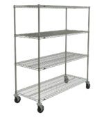 The Metro N566BBR Super Erecta Cart features a Brite finish and dimensions of 24 x 60 x 67.875. This metal wire unit includes four adjustable shelves on caster wheels, ensuring sturdy and mobile storage.