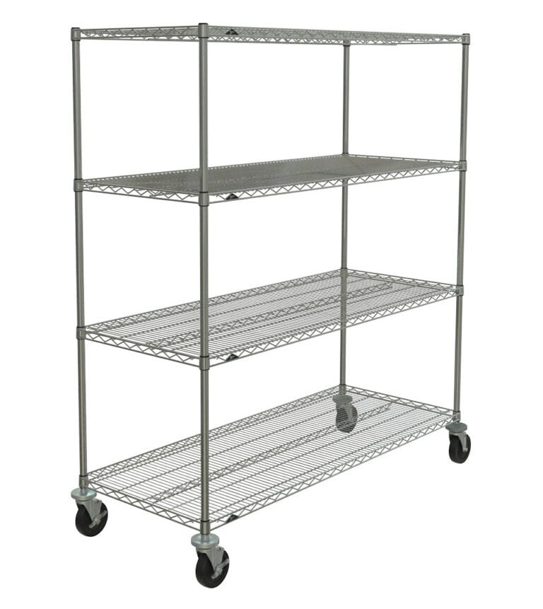 The Metro N566BBR Super Erecta Cart features a Brite finish and dimensions of 24 x 60 x 67.875. This metal wire unit includes four adjustable shelves on caster wheels, ensuring sturdy and mobile storage.