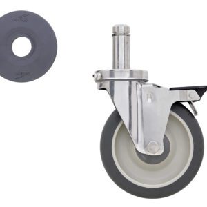A gray and white caster wheel with a metal bracket is shown on the right. To the left, there is a black, round stopper with the word METRO inscribed on it.