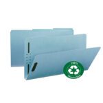 Three Smead 100% Recycled Pressboard Fastener File Folders are shown—blue, legal-size with metal fasteners. One folder is slightly open, displaying a 100% Recycled Stock symbol on the front. They feature 1/3-cut tab extensions for easy labeling.