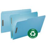 Three blue, legal-size Smead pressboard file folders with metal fasteners are arranged in a cascading pattern. A green circular label shows a recycling symbol and reads 100% Recycled, ensuring sustainability. The set includes 25 per box, ideal for organized efficiency.