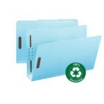 Three Smead 100% Recycled Pressboard File Folders, legal size with 1/3-cut tabs and metal fasteners on both sides, showcase a green 100% Recycled Stock badge on the lower right corner.