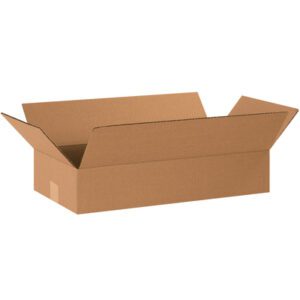 An open MH-USA 20 x 10 x 4 flat corrugated box, part of a sturdy bundle of 25, sits with flaps extended outward on a white background, ideal for shipping or storage.