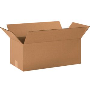An empty MH-USA 20 x 10 x 8 long corrugated box with four outward flaps shows its texture against a white background, highlighting its sturdy build. Sold in bundles of 20.