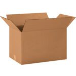 The MH-USA 20 x 12 x 12 Long Corrugated Boxes (20/Bundle) rest centrally with open brown flaps against a white backdrop, ideal for storage or shipping.