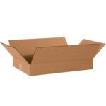 A brown MH-USA 20 x 12 x 3 flat corrugated box with outward-folded flaps rests against a white background. Made from sturdy material, its perfect for packaging needs and comes in bundles of 25.