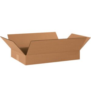 A brown MH-USA 20 x 12 x 3 flat corrugated box with outward-folded flaps rests against a white background. Made from sturdy material, its perfect for packaging needs and comes in bundles of 25.