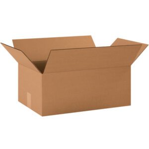Open MH-USA 20 x 12 x 8 Corrugated Boxes with flaps spread outward on a white background, highlighting their durable construction.