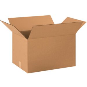 The MH-USA 20 x 14 x 12 corrugated box, shown open with a three-quarter view against a white background, appears empty. Its brown design emphasizes its storage or shipping utility and is offered in bundles of 20.