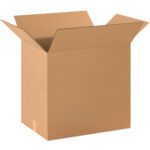 The MH-USA 20 x 14 x 18 corrugated box, part of a bundle of 20, is shown empty against a white backdrop. Its open flaps, crisp edges, and visible creases highlight its new and robust unused condition.