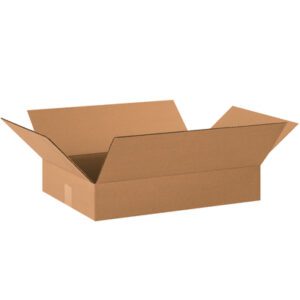 An open MH-USA 20 x 14 x 3 flat corrugated box with unfolded flaps is set against a plain white background. Its empty and ready for packing or storage, available in bundles of 25, making it ideal for efficient organization.