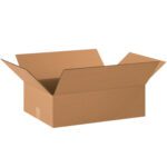 An open, empty MH-USA 20 x 14 x 6 Flat Corrugated Box from a 25/Bundle is shown with flaps extended outward against a white background, featuring a corrugated texture in plain brown.