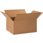 A plain MH-USA 20 x 15 x 10 corrugated box from a bundle of 20 is open with flaps spread outward, set against a white background to highlight its simple corrugated texture and brown color.