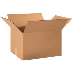 An MH-USA 20 x 15 x 12 corrugated box with its flaps folded outward is shown against a plain white background.