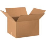 An open, empty MH-USA 20 x 18 x 12 corrugated box with raised flaps sits on a white background, highlighting its plain brown texture and sturdy rectangular design. Sold in bundles of ten for versatile packaging needs.