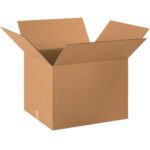 A sturdy open MH-USA 20 x 18 x 14 corrugated box with flaps extended outward is placed against a white background, showcasing its design.