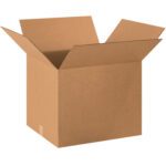 An MH-USA 20 x 18 x 16 corrugated box from a bundle of ten is shown open with outward flaps against a white background, highlighting its sturdy design and roomy interior.