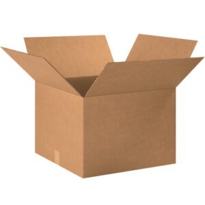 An MH-USA 20 x 20 x 14 corrugated box from a convenient bundle of 15 is displayed upright against a plain white background, with its flaps extended to showcase the sturdy design perfect for various packing needs.