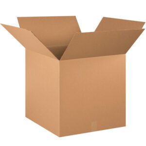 An open MH-USA 20 x 20 x 20 corrugated box from the 10/Bundle set sits with its flaps extended against a pristine white background, highlighting its spacious interior.