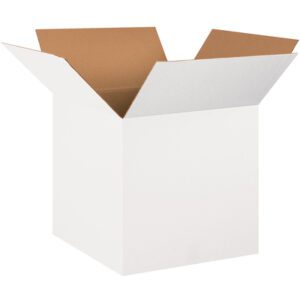 The MH-USA 20 x 20 x 20 White Corrugated Box, featuring outward-folded flaps and a brown interior, is showcased against a white background. Sold in bundles of 10.