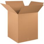 An empty MH-USA 20 x 20 x 25 corrugated box with upward flaps is centered against a plain white background, highlighting its light brown hue and visible seams. Ideal for efficient packaging, these boxes come in bundles of 10.