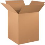 A sturdy, open MH-USA 20 x 20 x 28 corrugated box stands upright with raised flaps against a white background, awaiting your storage or shipping needs. Available as part of the convenient MH-USA 20 x 20 x 28 Corrugated Boxes (10/Bundle) package.