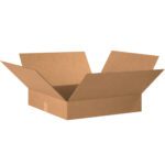 An open MH-USA 20 x 20 x 4 flat corrugated box, with flaps extended, rests on a white background. Its plain brown interior and exterior demonstrate the simplicity and practicality of these boxes, sold in bundles of ten.