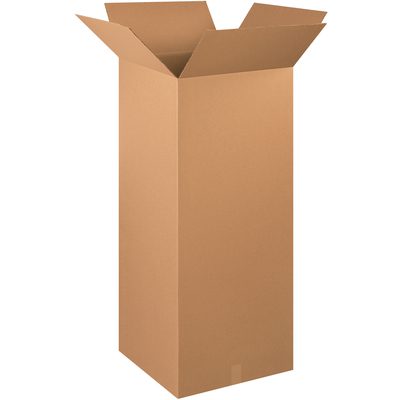 202048.jpg A tall, empty MH-USA 20 x 20 x 48 corrugated box stands upright against a plain white background, its light brown flaps partially folded outward at the top.