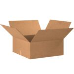 The open flap of the MH-USA 20 x 20 x 8 Flat Corrugated Box from the 15/Bundle set sits on a white background. Made from brown corrugated cardboard, it’s empty and perfect for shipping and storage needs.