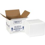 The MH-USA 6 x 5 x 4 1/2 Insulated Shipping Kit (8/Case) opens to show a white insulated container, with RUSH! PERISHABLE INSULATED and arrows on the box for upright transit.