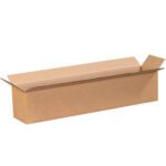 A MH-USA 20 x 4 x 4 Long Corrugated Box, with its top flaps partially open, reveals a simple brown interior. Positioned at an angle against a white background, it elegantly displays its full length and height. (25/Bundle).