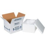 An open MH-USA 8 x 6 x 4 1/4 Insulated Shipping Kit displays a white Styrofoam cooler labeled Perishable This Side Up, with the lid slightly ajar, revealing the contents against a plain white backdrop.